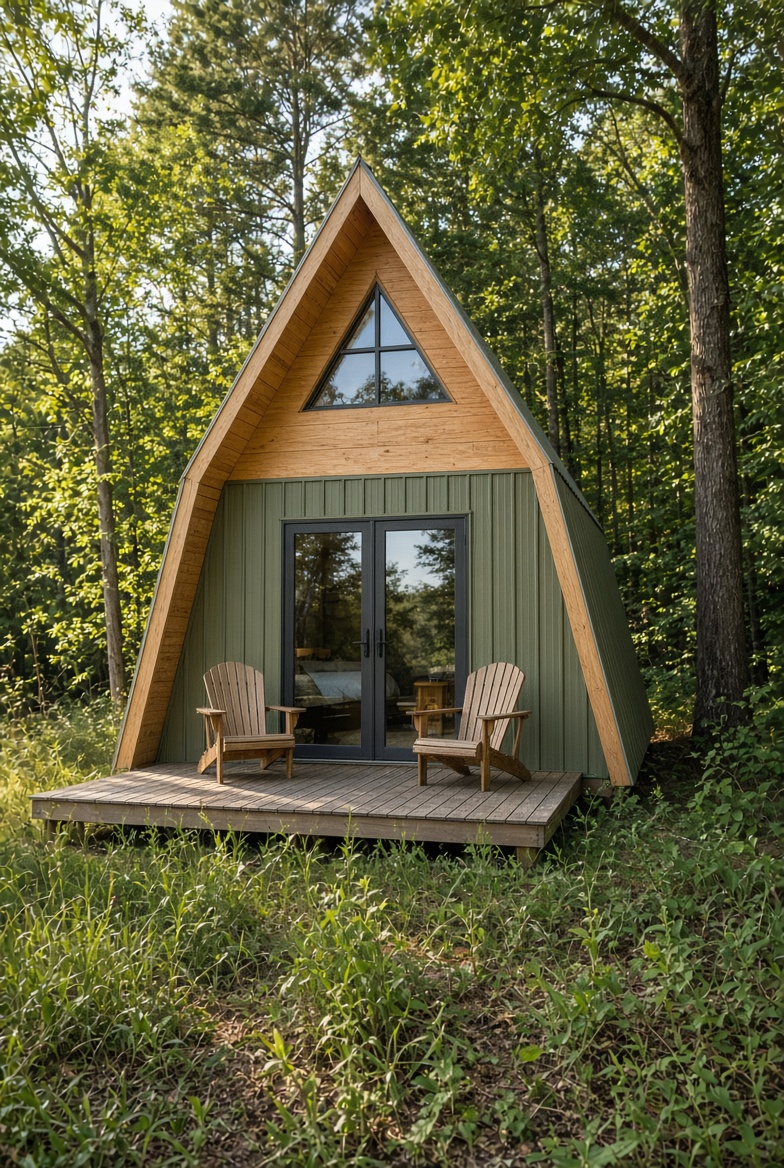 Simple cedar A-frame cabin with loft
