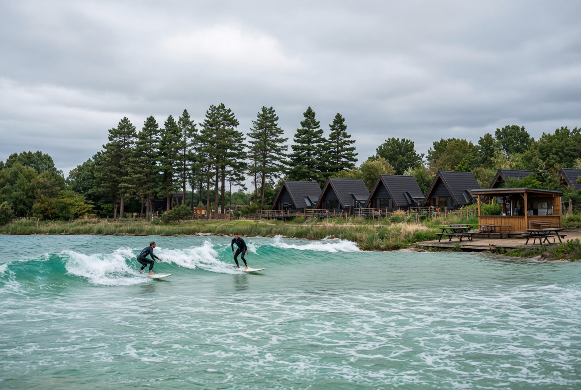 Midlands A-frame lagoon with small timber cabins and a snack bar